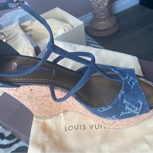 Louis Vuitton Blue Denim Monogram cork wedges Platform Sandals - Picture 4 of 8